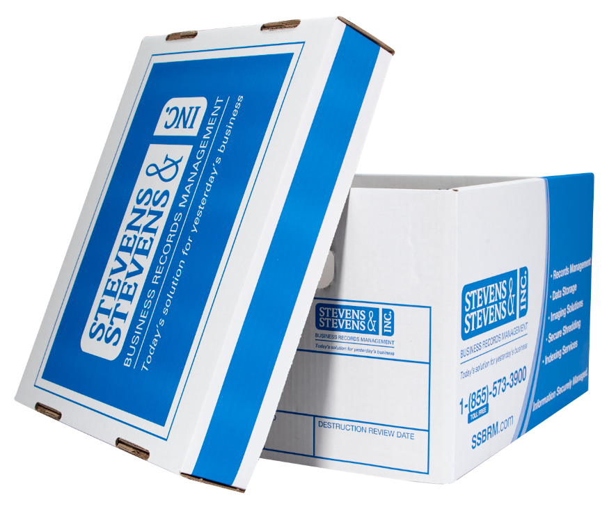 A Stevens & Stevens-labeled archive box with the lid resting against it on a white background